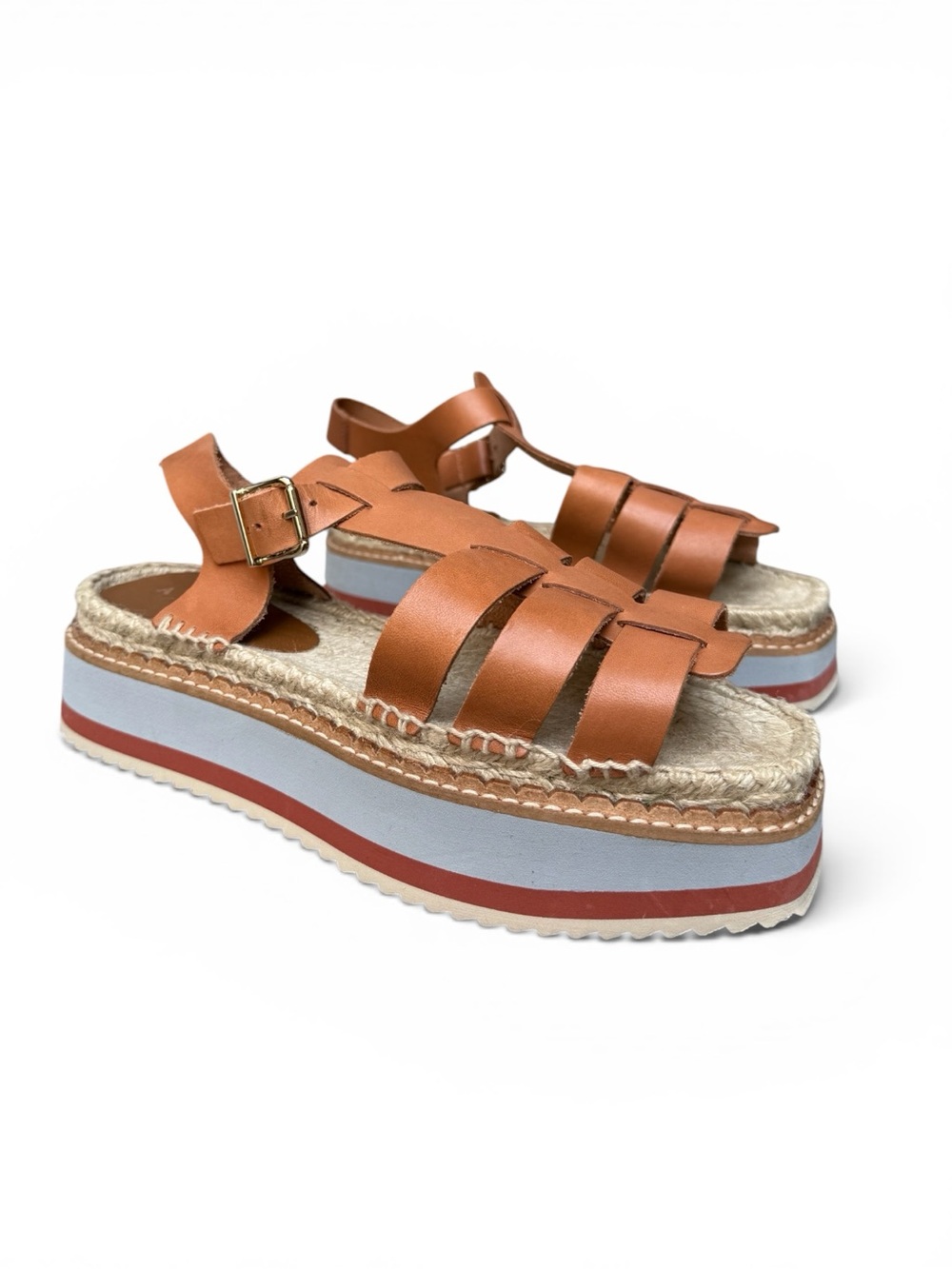 Anthropologie Sporty Platform Sandals in Honey Tan Brown Leather / Raffia size 9 - Picture 3 of 11